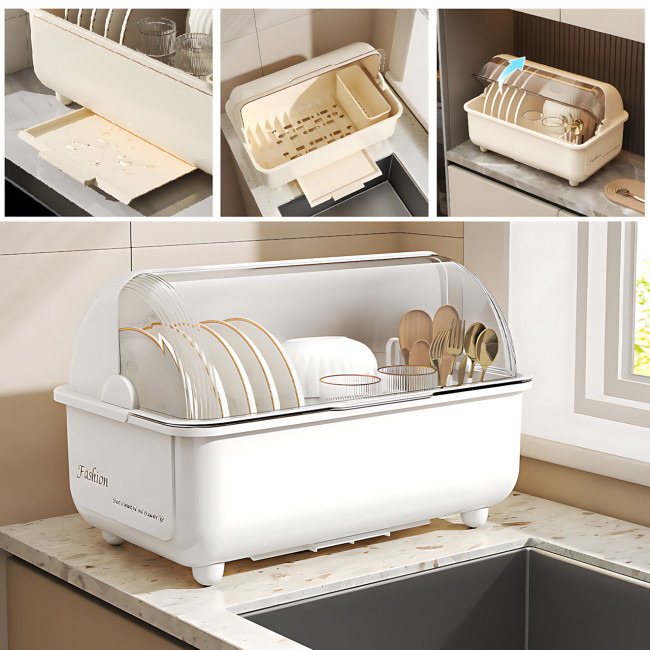 Сушарка для зберігання посуду Dish Storage, пилозахисне кухонне сушіння з кришкою, піддоном для води, білий