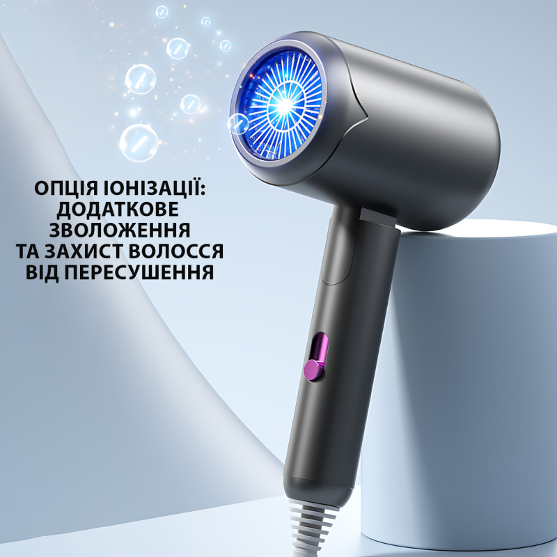 Фен для волосся складаний стайлер Air Blower LY-811, потужність 1800 Вт, 3 швидкості, іонізація, сірий фото - 5