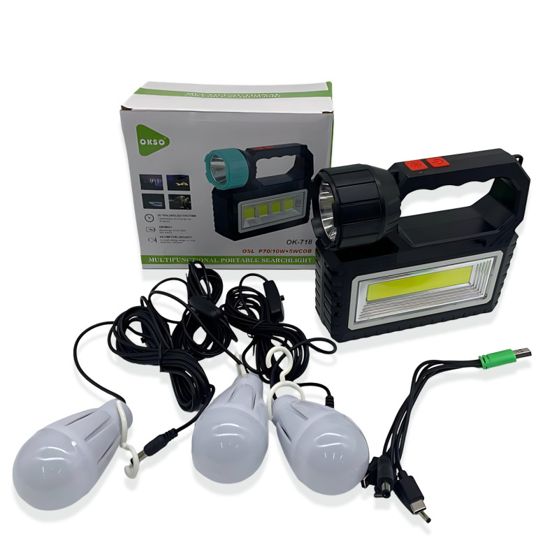 Сонячна зарядна станція OK-718S-A з LED+COB ліхтарем 10 Вт, PowerBank, сонячна панель, 3 виносні лампи, акумуляторна ручна фото - 8