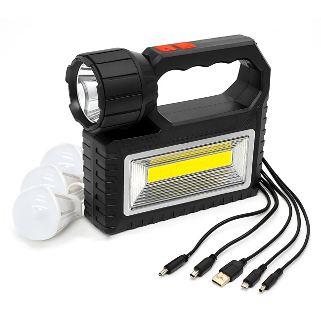 Сонячна зарядна станція OK-718S-A з LED+COB ліхтарем 10 Вт, PowerBank, сонячна панель, 3 виносні лампи, акумуляторна ручна