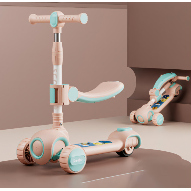 Скутер 3 в 1, детский трехколесный самокат Scooter H066 с подсветкой колес, складная конструкция, 3-12 лет Розовый