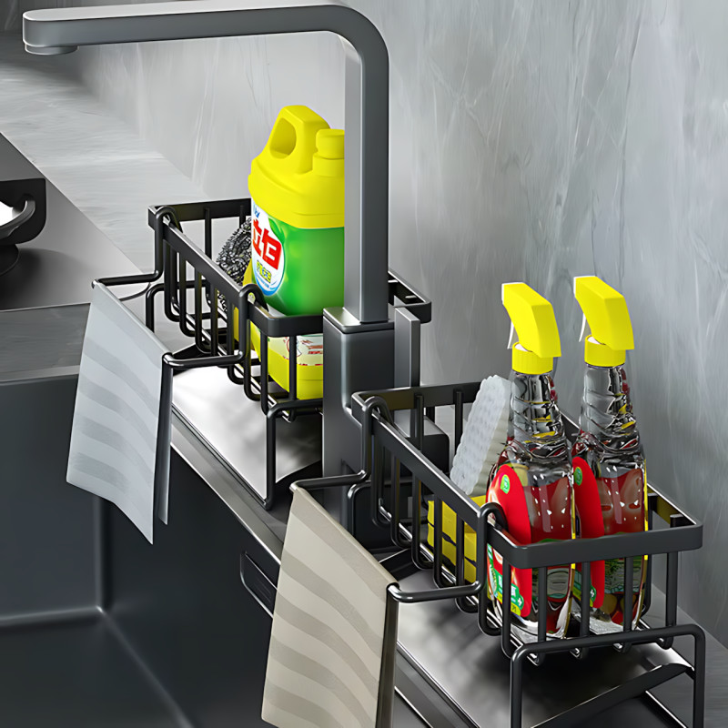 Металлический органайзер SKLM-8 для раковины, из нержавеющей стали, с держателем,  230×90×110 мм, черный фото - 7