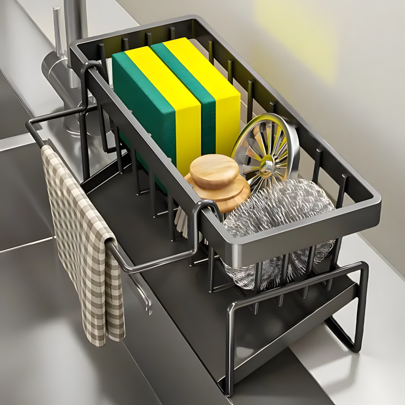 Металлический органайзер SKLM-8 для раковины, из нержавеющей стали, с держателем,  230×90×110 мм, черный фото - 6