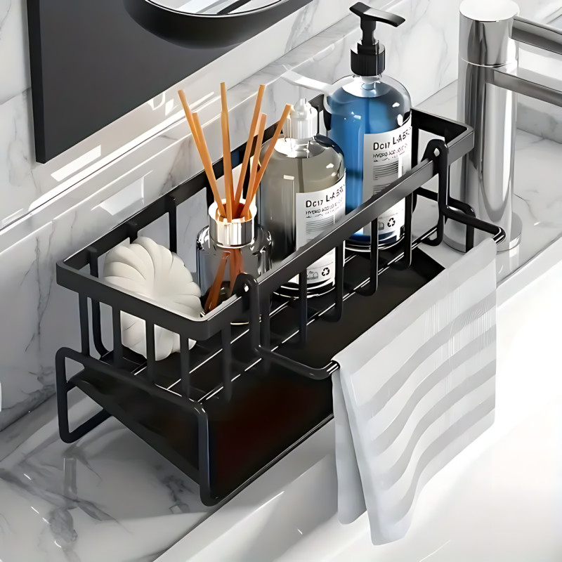 Металлический органайзер SKLM-8 для раковины, из нержавеющей стали, с держателем,  230×90×110 мм, черный фото - 4