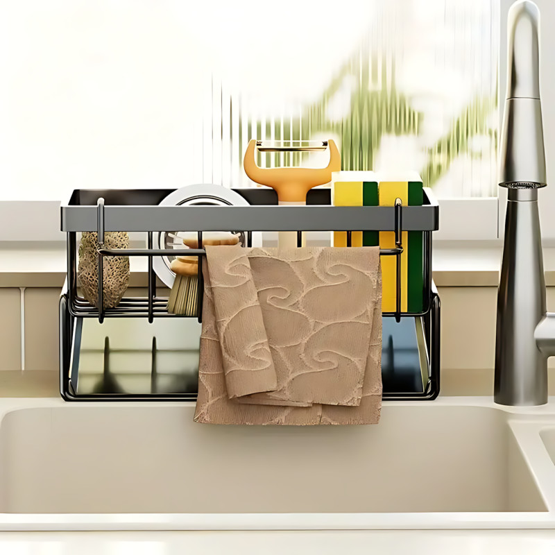 Металлический органайзер SKLM-8 для раковины, из нержавеющей стали, с держателем,  230×90×110 мм, черный фото - 3