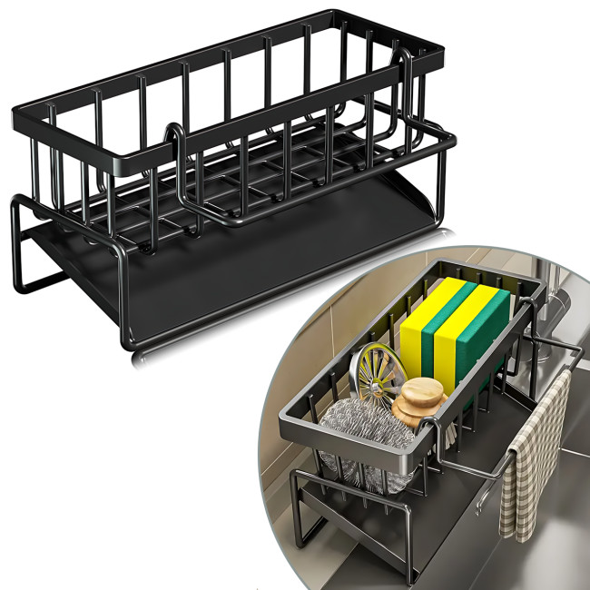 Металлический органайзер SKLM-8 для раковины, из нержавеющей стали, с держателем,  230×90×110 мм, черный