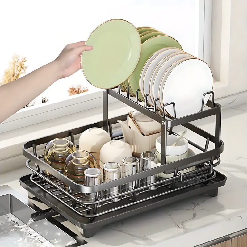 Многоуровневая кухонная сушилка-органайзер AND-102-30-10PCS, стеллаж для посуды с дренажем, 2 яруса, вращение фото - 4