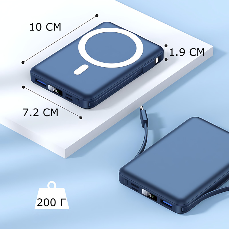 Power Bank Yiisonger KT-D011 10000 mAh, 22.5 Вт, магнітна, бездротова зарядка 15 Вт, вбудовані кабелі, цифровий дисплей, синій Сір фото - 9