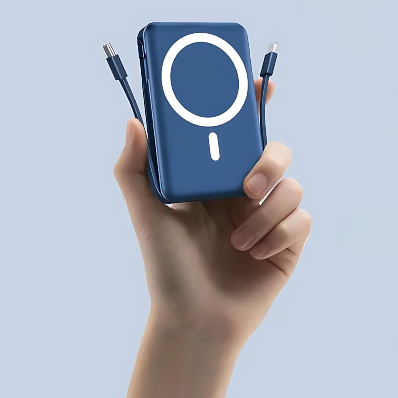 Power Bank Yiisonger KT-D011 10000 mAh, 22.5 Вт, магнітна, бездротова зарядка 15 Вт, вбудовані кабелі, цифровий дисплей, синій Сір фото - 6