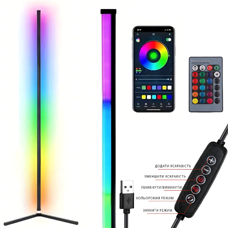 Напольная LED-лампа, угловой умный USB светильник с RGB-подсветкой, пультом управления,  APP фото - 2