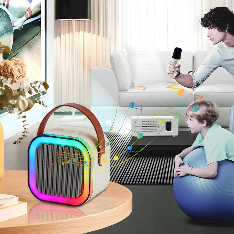 Портативная беспроводная колонка, караоке K12 с LED подсветкой и двумя микрофонами фото - 7