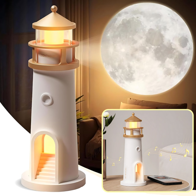 Музыкальный ночник-проектор «Маяк Lunara Lighthouse» MG-AD8 с проекцией луны, Bluetooth-колонкой, пультом ДУ