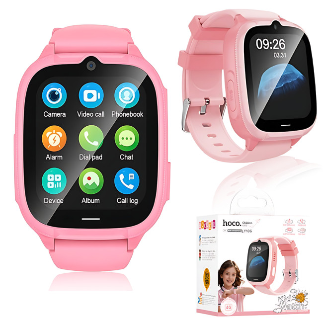 Детские смарт-часы HOCO Y106 4G LTE с видеозвонком, GPS/LBS/Wi-Fi, камерой 2 Мп, Nano-SIM, экран 1.83&Prime;, IPX7, SeTracker2 Розовый