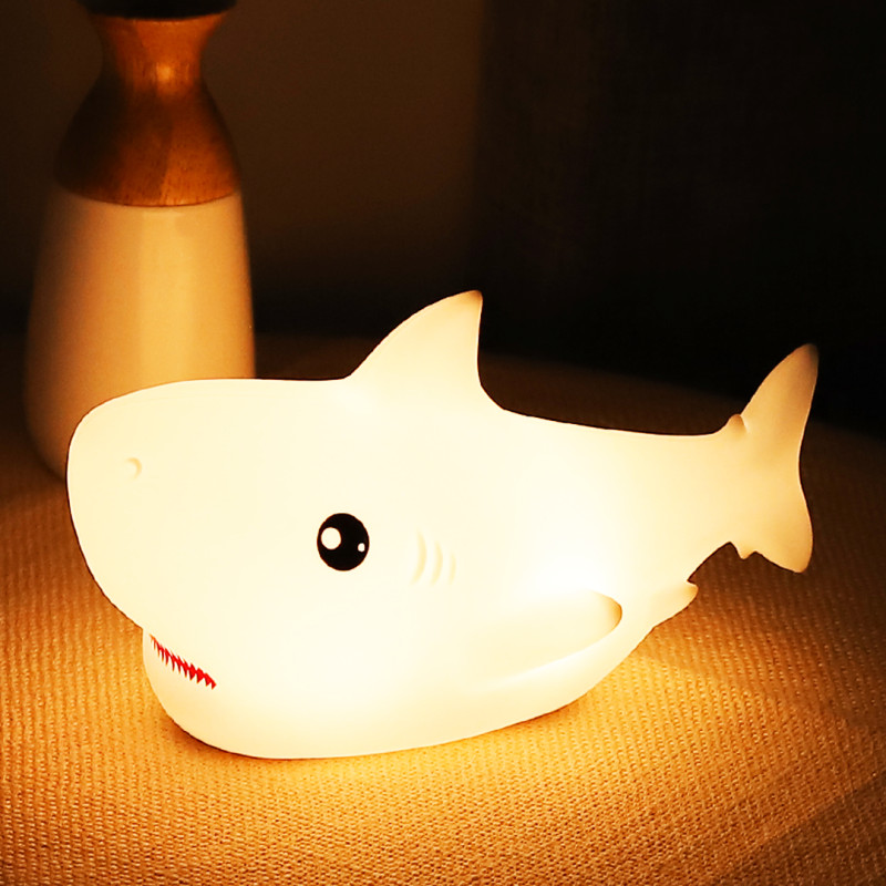 Безпечний дитячий силіконовий нічник іграшка мила акула RGB+ теплий білий фото - 3