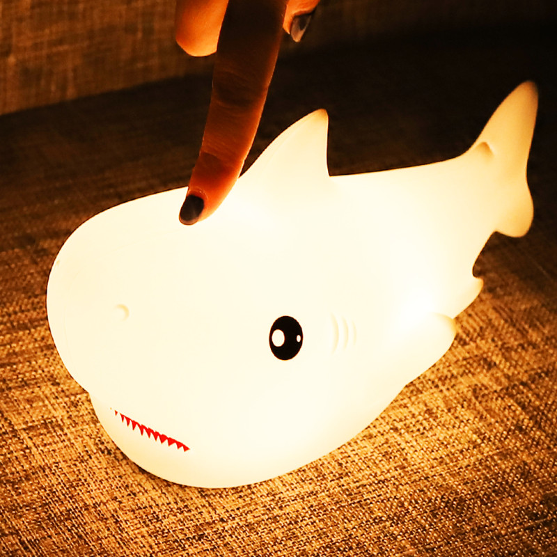 Безопасный детский силиконовый ночник игрушка милая акула RGB+ тёплый белый фото - 4
