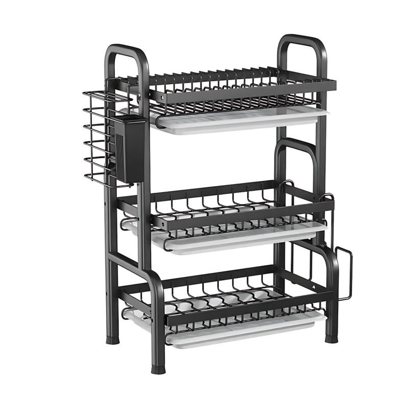 Сушарка для посуду 3-рівня Bowl Rack, настільна/над мийкою, сталь + пластик, стік для води фото - 2