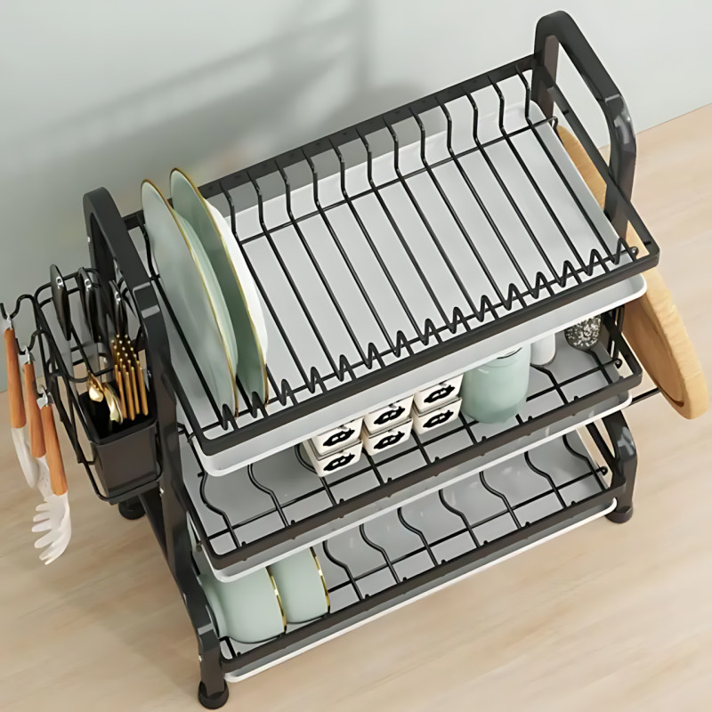Сушарка для посуду 3-рівня Bowl Rack, настільна/над мийкою, сталь + пластик, стік для води фото - 3