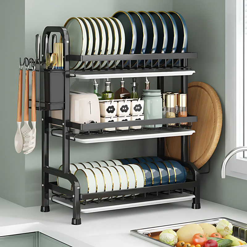 Сушарка для посуду 3-рівня Bowl Rack, настільна/над мийкою, сталь + пластик, стік для води фото - 7