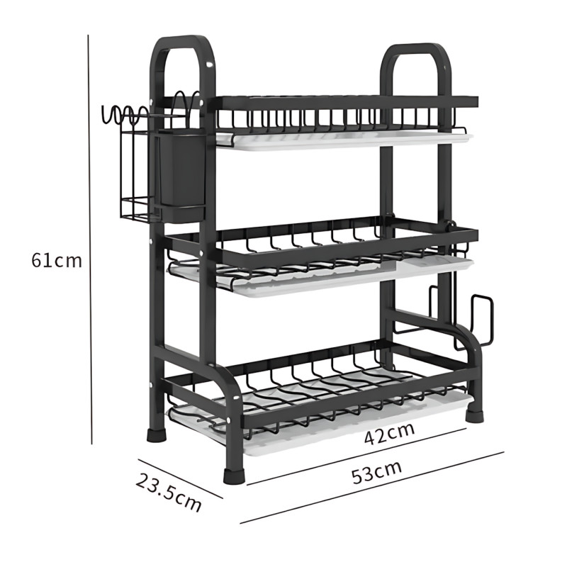 Сушарка для посуду 3-рівня Bowl Rack, настільна/над мийкою, сталь + пластик, стік для води фото - 9