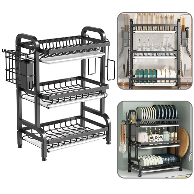 Сушарка для посуду 3-рівня Bowl Rack, настільна/над мийкою, сталь + пластик, стік для води