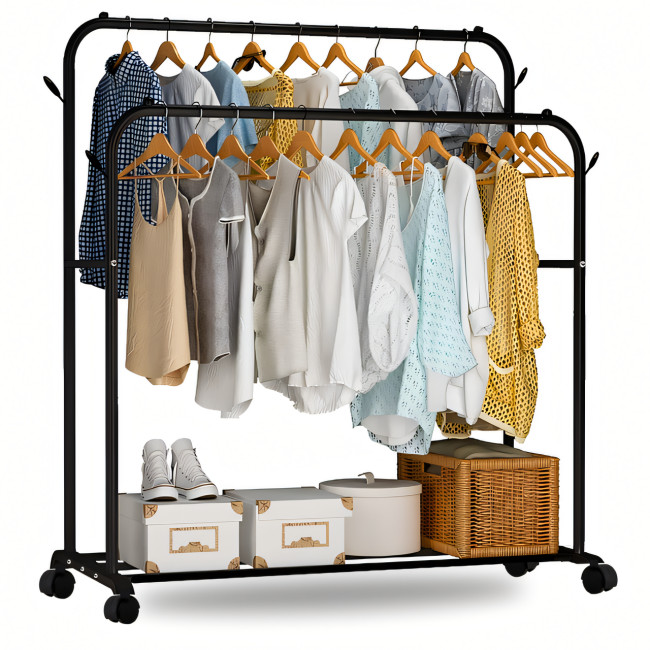 Двойная стойка на колесах - вешалка для одежды Double floor Hanger с полкой для обуви. 143х96х42 см