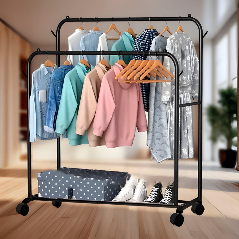 Двойная стойка на колесах - вешалка для одежды Double floor Hanger с полкой для обуви. 143х96х42 см фото - 3