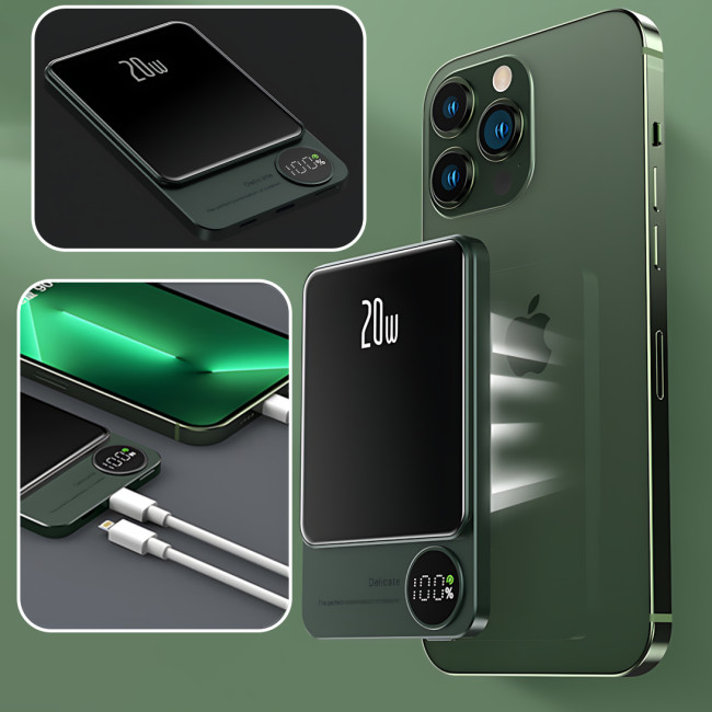 Power Bank Q9 MagSafe 5000 mAh 20 W з бездротовою зарядкою Qi 15W, PD Type-C, дисплей, ультратонкий 12 мм, магнітний павербанк Зел