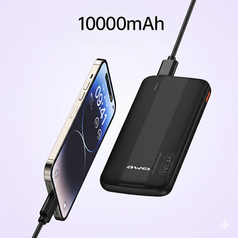 Повербанк AWEI P20K 10000 mAh 2.4 A, портативний акумулятор із 2 × USB, Type-C, LED-індикатор, чорний фото - 2