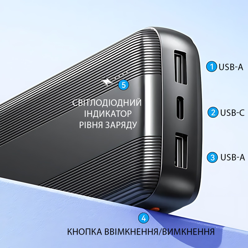 Повербанк AWEI P20K 10000 mAh 2.4 A, портативний акумулятор із 2 × USB, Type-C, LED-індикатор, чорний фото - 5
