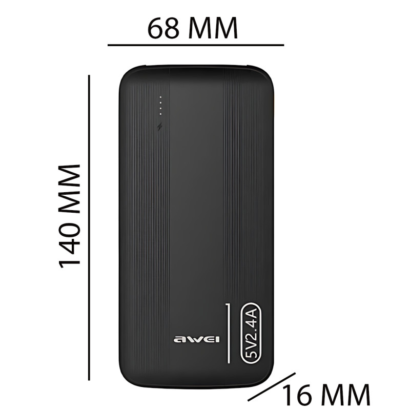Повербанк AWEI P20K 10000 mAh 2.4 A, портативний акумулятор із 2 × USB, Type-C, LED-індикатор, чорний фото - 8