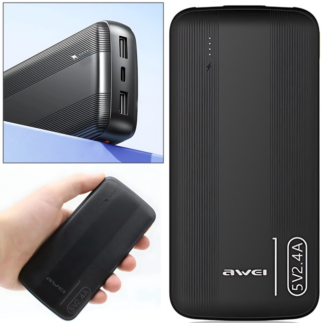 Повербанк AWEI P20K 10000 mAh 2.4 A, портативний акумулятор із 2 × USB, Type-C, LED-індикатор, чорний