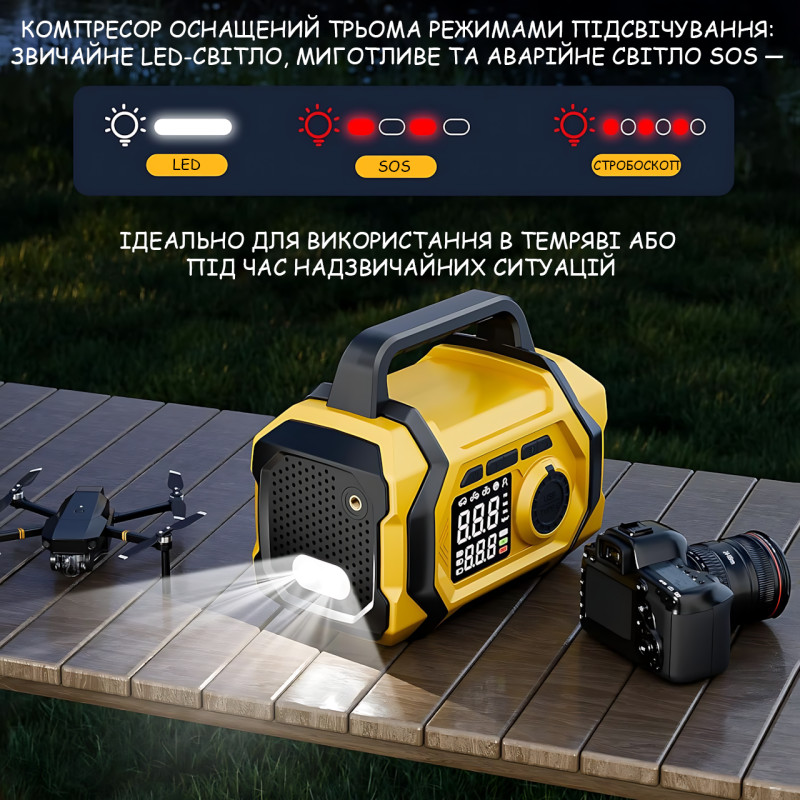 Портативний компресор-насос ATJ-201, 150 PSI, 25000 мА·год, Type-C 5V/1A, бездротовий мінікомпресор 4 в 1 з ліхтариком, USB фото - 6