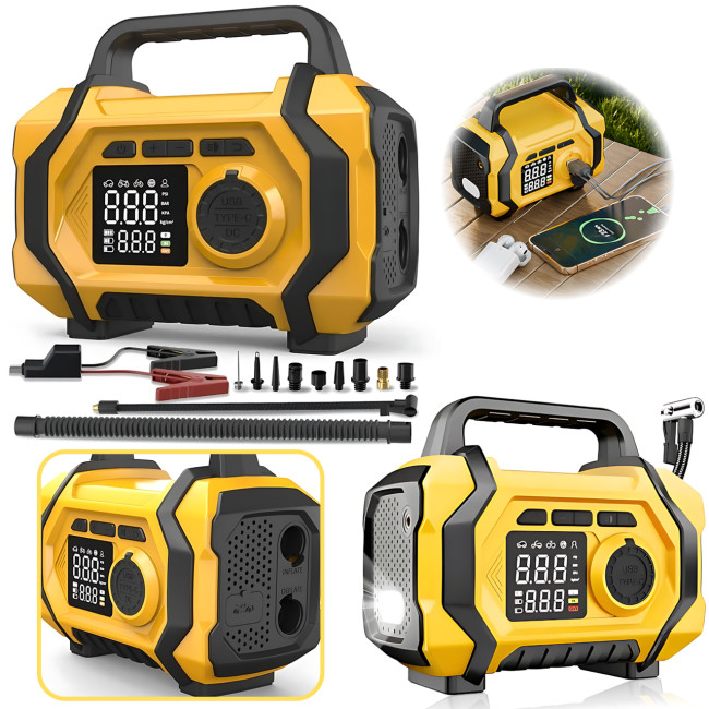 Портативний компресор-насос ATJ-201, 150 PSI, 25000 мА·год, Type-C 5V/1A, бездротовий мінікомпресор 4 в 1 з ліхтариком, USB