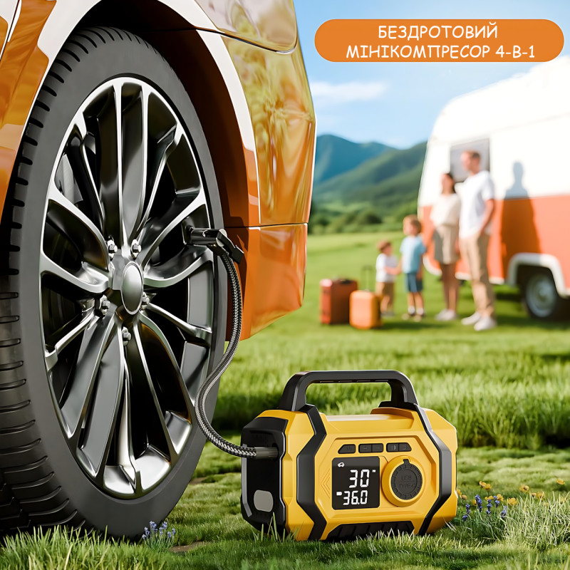 Портативний компресор-насос ATJ-201, 150 PSI, 25000 мА·год, Type-C 5V/1A, бездротовий мінікомпресор 4 в 1 з ліхтариком, USB фото - 47