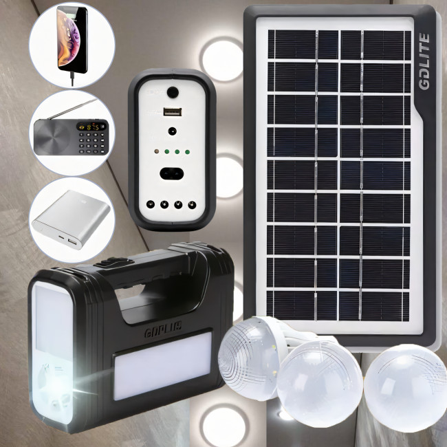Портативна система освітлення GDPLUS-8017, DC6V3A, Ліхтар + 3 LED-лампи + сонячна панель 4000 mAh