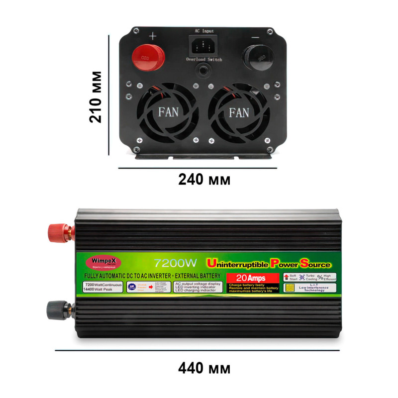 Инвертор-преобразователь напряжения Wimpex UPS, 12В-220В, 7200ВТ, USB3, функция зарядки фото - 6