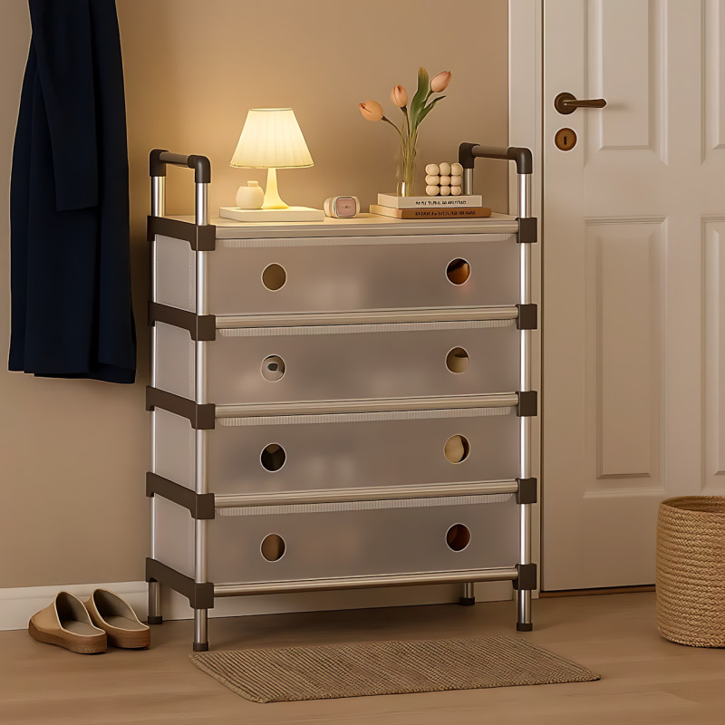 Шкаф-полка для обуви SLXJ 6205T (SKLM-25), разборная, переносная 4-х ярусная обувная полка из пластика и металла, белый фото - 3