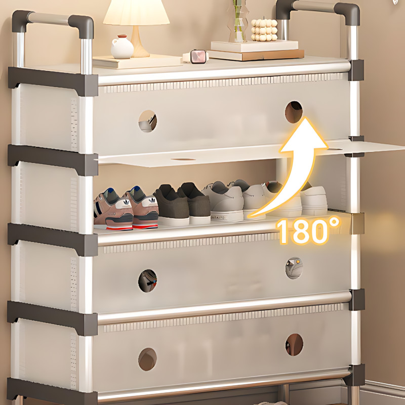 Шкаф-полка для обуви SLXJ 6205T (SKLM-25), разборная, переносная 4-х ярусная обувная полка из пластика и металла, белый фото - 4