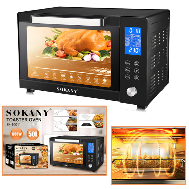 Електрична настільна духовка Sokany SK-10011, 50 л, 1700 Вт, з грилем, конвекцією, роженом і таймером
