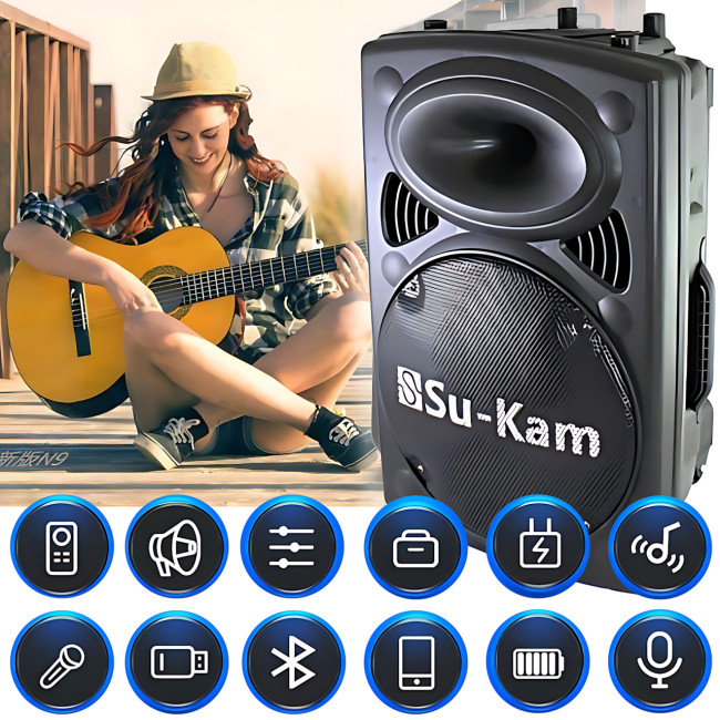 Портативна колонка Su-Kam BT 120D/212D+, 300 Вт, 7500 mAh, Bluetooth, 2 мікрофони, 12v/220v