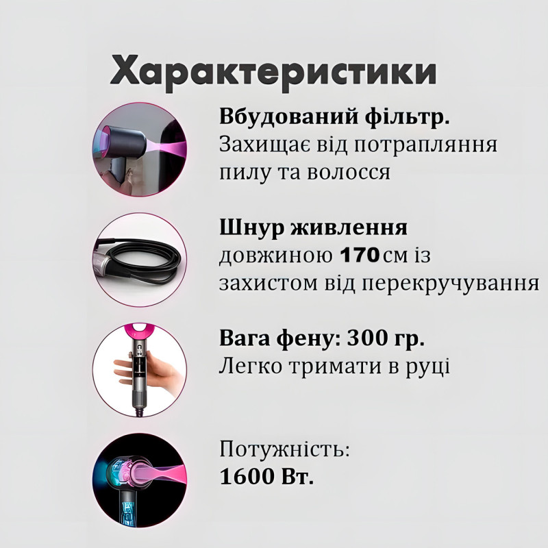 Фен для волосся Super Hair Dryer, 1600 Вт, з турборежимом та іонізацією фото - 7