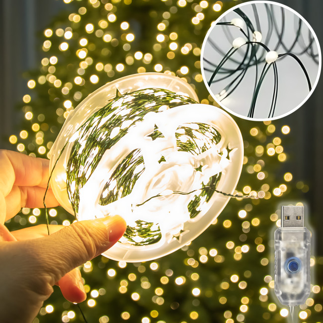 Гирлянда Роса ЗЕЛЁНАЯ USB 100 м, 1000 LED, на гибкой зелёной проволоке, 8 режимов, IP20, декоративная микро-гирлянда AND 5348