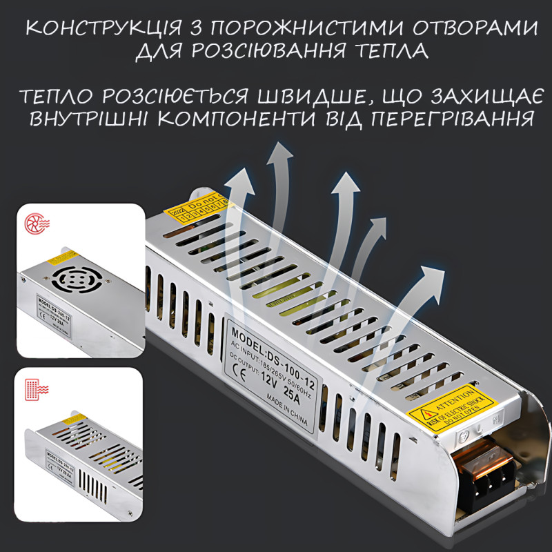 Адаптер 12V 35A METAL Long, імпульсний блок живлення — 300 W, пасивне охолодження, IP20 фото - 8
