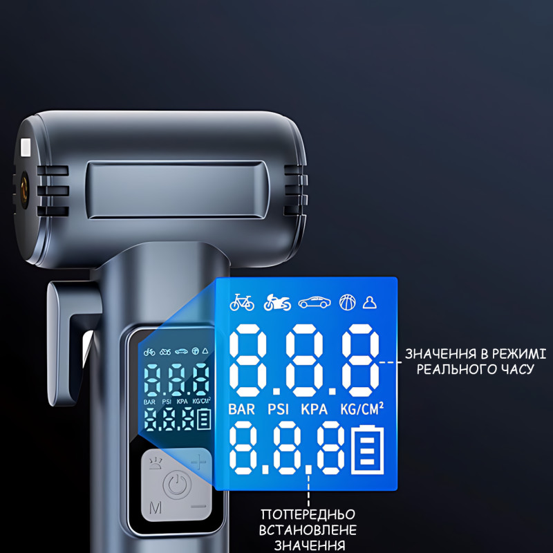 Акумуляторний компресор SW-201B 150 PSI 12 V з цифровим дисплеєм і Powerbank — портативний автомобільний насос для шин, вело фото - 13