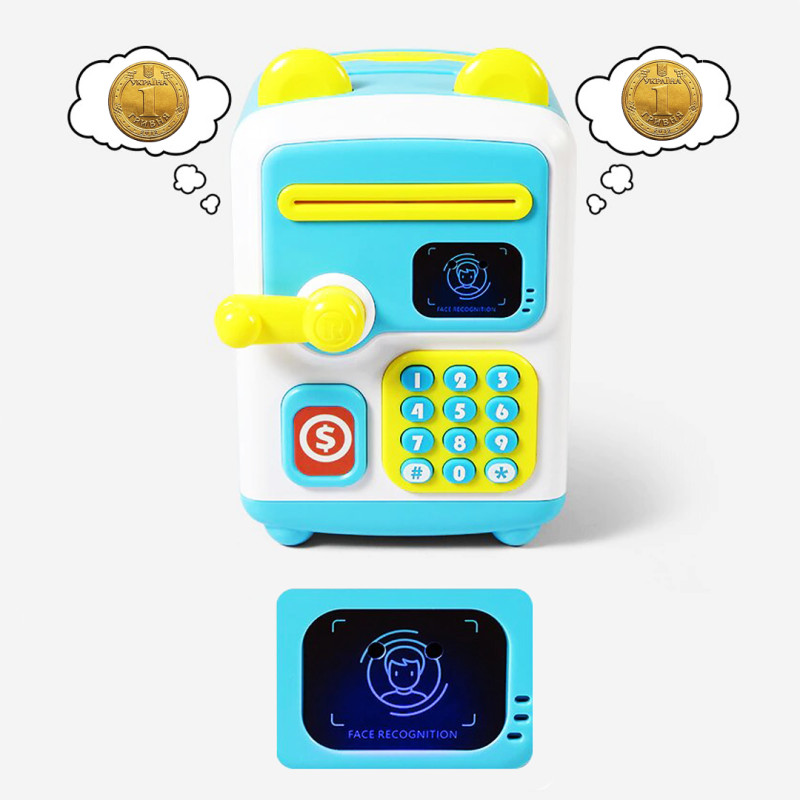 Дитяча скарбничка-сейф із кодовим замком та купюроприймачем блакитна face recognition moneybox фото - 2