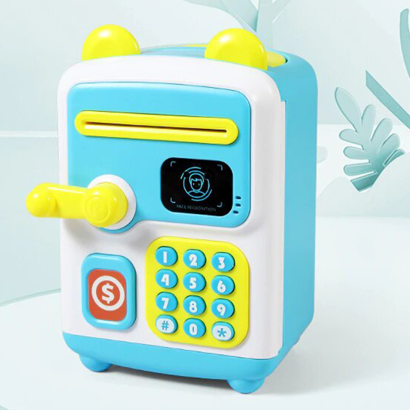 Дитяча скарбничка-сейф із кодовим замком та купюроприймачем блакитна face recognition moneybox фото - 6