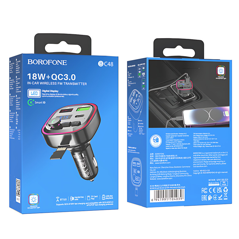 Автомобільний FM-трансмітер Borofone BC48 Broad — Bluetooth 5.0, QC3.0, 2xUSB, Type-C 18W, TF-карта фото - 9