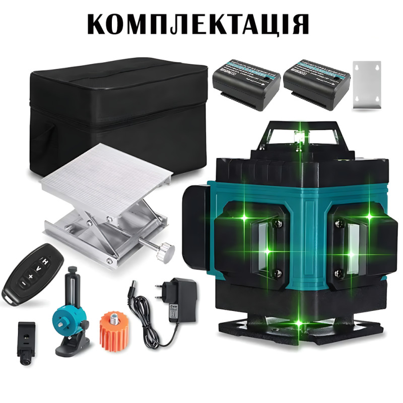 Лазерний 4D рівень будівельний, 16 ліній, зелений промінь, з пультом, у тканинному чохлі з 2 акумуляторами фото - 10