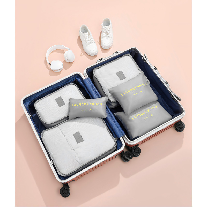 Набор 6 дорожных органайзеров Laundry Pouch. Комплект для вещей 6 в 1. Водонепроницаемая ткань, сетка, ручка фото - 3