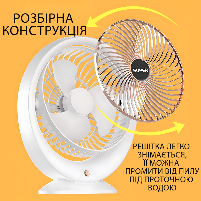 Портативный настольный вентилятор JKJ-101, аккумулятор 1200 мАч, 3 скорости, поворот 180°, USB зарядка Белый фото - 7